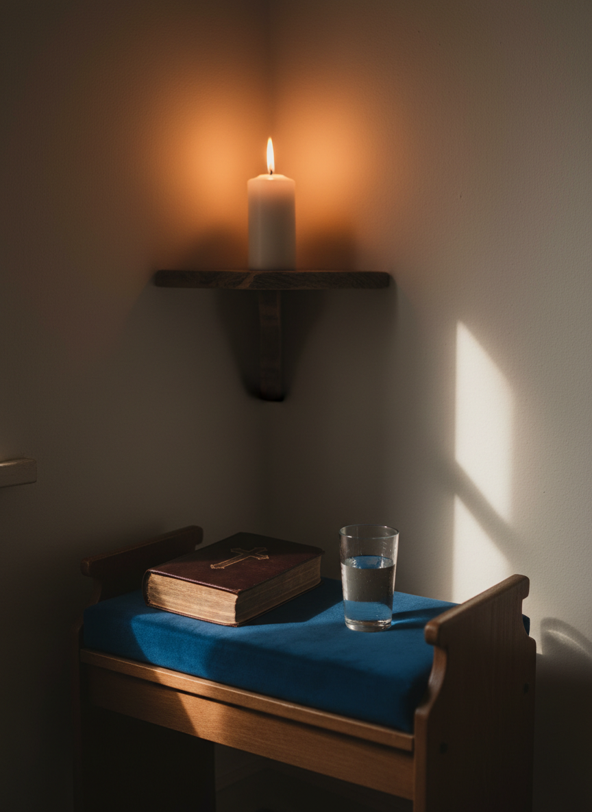 A quiet, dimly lit corner of a room featuring a small wooden prayer bench, its cushion slightly indented from frequent use. On the bench rests a closed Bible and a delicate glass of water half-full, catching a sliver of light. A single lit candle on a nearby shelf casts a warm, flickering glow, creating soft, moving shadows on the plain, light-colored wall behind. The composition is centered on the bench, photographed at eye level with a shallow depth of field, leaving the background gently blurred. The atmosphere is intimate and sacred, evoking a sense of crying out to God in solitude and finding quiet strength.