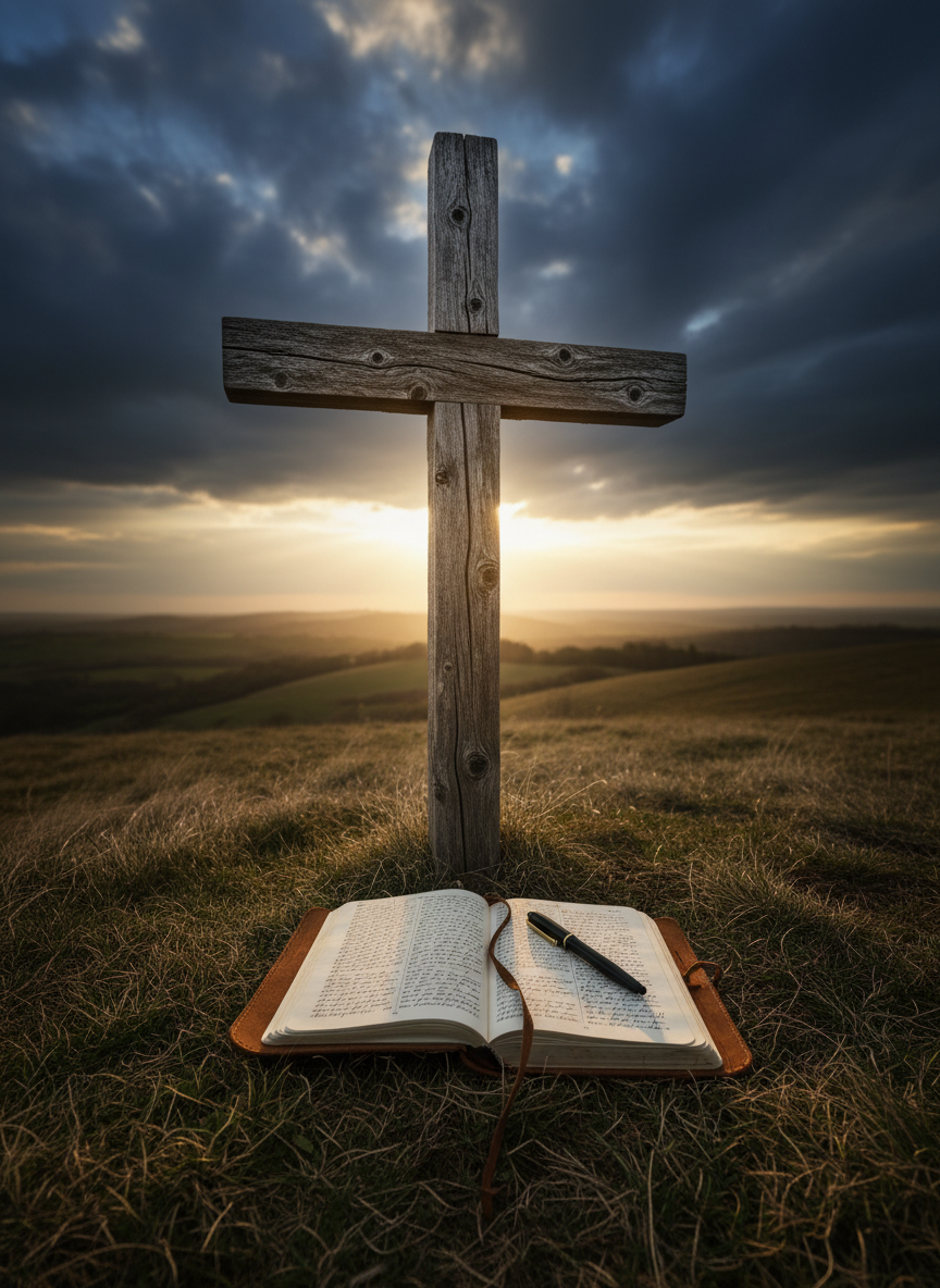 A lone wooden cross standing at the edge of a windswept hill, its rough, weathered surface etched with deep cracks and knots that hint at years of exposure. At its base, an open journal with handwritten prayers and a simple black ink pen rest on the short grass. The sky behind is filled with dramatic storm clouds breaking open to reveal a band of warm golden light on the horizon. Photographic realism with a wide-angle, low-perspective shot, capturing the cross silhouetted against the sky. The lighting is moody yet hopeful, with rays of light creating a subtle halo around the cross, symbolizing breakthrough after brokenness.