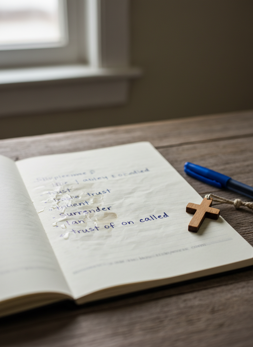 A close-up, photographic view of a tear-stained journal page lying on a rustic wooden table, the handwritten lines slightly smudged where drops of water have fallen. Certain words like “trust,” “surrender,” and “called” stand out clearly in dark ink. Next to the journal rests a simple wooden cross pendant and an uncapped ballpoint pen. Soft, diffused overcast light filters in from a nearby window, creating a muted, introspective atmosphere with gentle shadows along the page edges. Shot from a slightly elevated angle with shallow depth of field, the background fades into a soft blur, focusing the viewer on raw emotion and honest testimony with a professional, documentary feel.