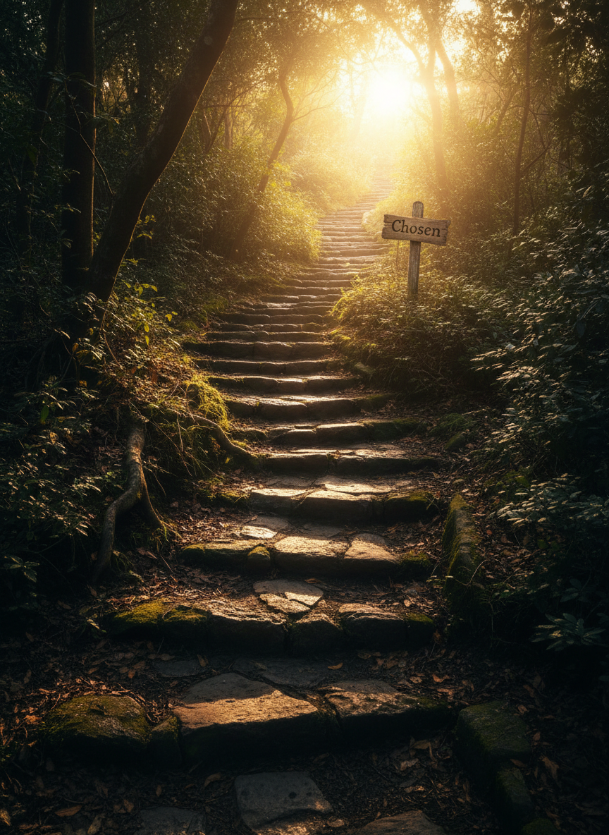 A narrow, winding path made of rough stone steps emerging from a shadowy forest into a sunlit clearing. At the beginning of the path, the ground is dark and damp, with tangled roots and deep shade. As the steps rise, they gradually catch more light until the top is bathed in radiant golden hour sunlight. At the end of the path, a small wooden sign reads “Chosen” in simple, carved letters. Photographic realism with a slightly elevated angle, emphasizing the contrast between darkness and light. The scene feels symbolic, hopeful, and triumphant, embodying a journey from breaking point to God-led purpose.