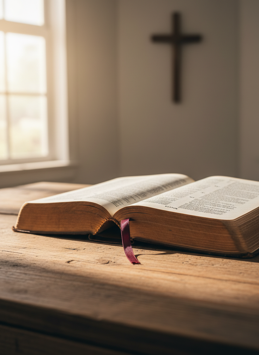 A well-worn, leather-bound Bible lying open on a simple wooden table, its thin gold-edged pages slightly curled at the corners as if often read and wept over. A single bookmark ribbon in deep burgundy rests between pages in Psalms. The table sits near a large window in a quiet room, with soft morning light streaming in, illuminating the delicate texture of the paper and casting gentle, elongated shadows across the grain of the wood. In the background, a blurred cross on the wall is barely visible. Photographic realism, eye-level composition, shallow depth of field, calm and contemplative mood, emphasizing hope and intimacy with God.