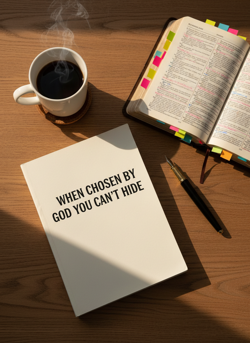 An overhead photographic view of a simple wooden desk with a neatly stacked manuscript titled “When Chosen by God You Can’t Hide” in clear, crisp lettering on the top page. Beside the manuscript lies a well-used Bible marked with colorful sticky notes and underlining, and a sleek black fountain pen with a gleaming nib. A ceramic mug of tea, steam faintly rising, sits on a coaster, leaving a ring of condensation. Soft afternoon light falls diagonally across the desk from an unseen window, highlighting the texture of the paper and wood. The mood is professional yet deeply personal, suggesting reflection, testimony writing, and obedience to a divine calling.